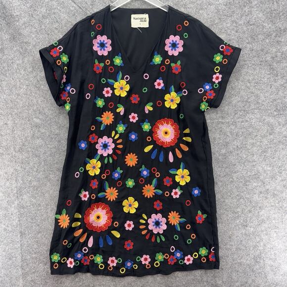 Savanna Jane Womens Floral Embroidered Shift Dress Size S Black Colorful Fiesta - Picture 3 of 7